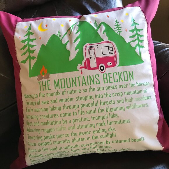 Mountain Camping Pillow Cover, 18 x 18: Handmade Vintage Camper Magenta Decor - Picture 1 of 9
